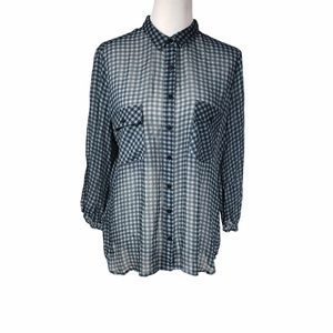 Johnny Was Jade Medium Blue Checkered Pocket Sheer Button Down Shirt